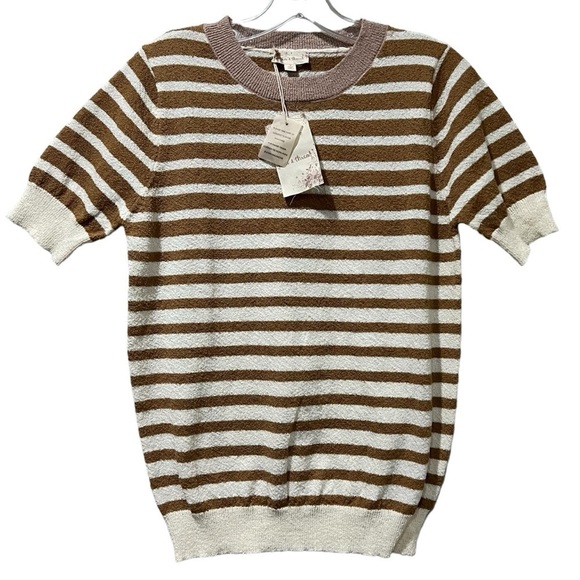 Hem & Thred Small Cream Tan Stripe Short Sleeve Crew Neck Sweater Top NWT B4 - Picture 1 of 5